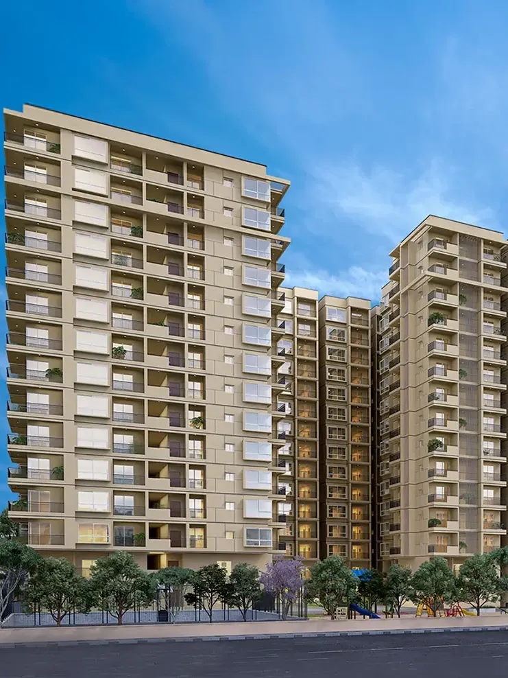 DS Max Sky Fields, Soukya Road, Whitefield, artistic impression Apartment towers of DS Max Sky Fields against a blue sky