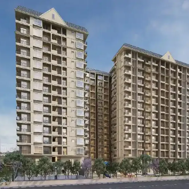 DS Max Sky Fields, Soukya Road, Whitefield, artistic impression Two apartment towers with gabled crowns over a landscaped edge at DS Max Sky Fields