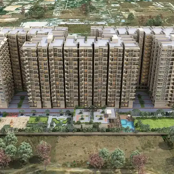 DS Max Sky Fields, Soukya Road, Whitefield, artistic impression An aerial view of the towers, the podium gardens and a pool at DS Max Sky Fields