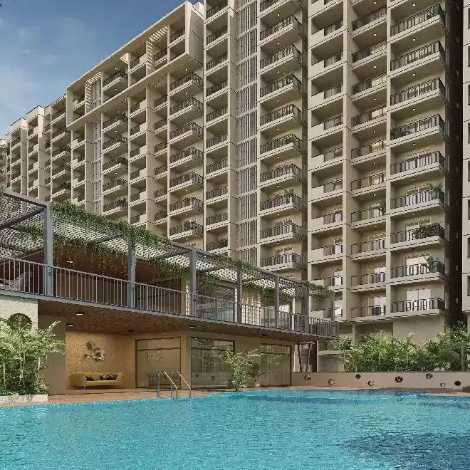 DS Max Sky Fields, Soukya Road, Whitefield, artistic impression A swimming pool beside the clubhouse terrace below the towers of DS Max Sky Fields
