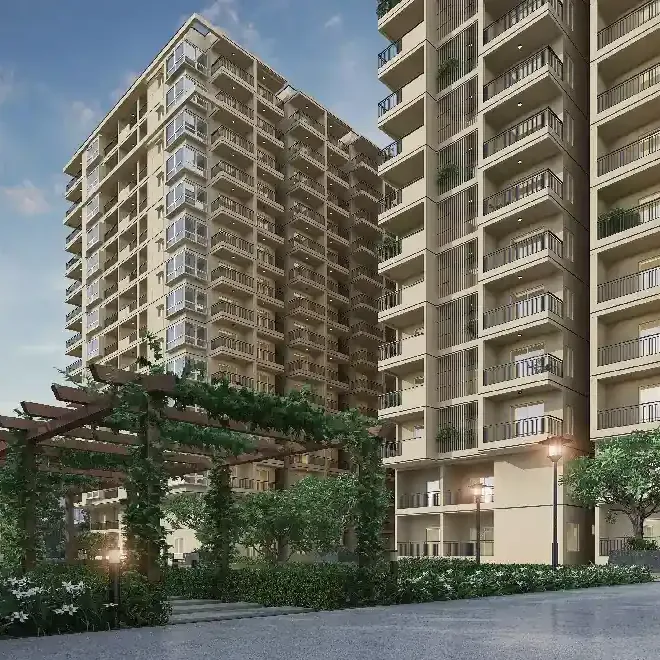 DS Max Sky Fields, Soukya Road, Whitefield, artistic impression A timber pergola walk among gardens below the towers of DS Max Sky Fields