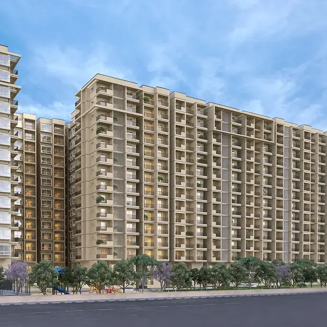 DS Max Sky Fields, Soukya Road, Whitefield, artistic impression A long apartment block above a tree-lined road at DS Max Sky Fields