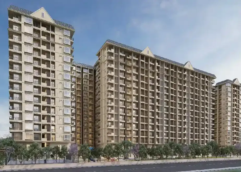 DS Max Sky Fields, Soukya Road, Whitefield, artistic impression Warm-toned apartment towers with gabled crowns above a tree-lined road at DS Max Sky Fields
